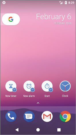 Home screen of a phone displaying the date February 6 Tuesday, 2018 on the upper right corner of the screen with a google icon on the top left. Below are 4 pinned shortcuts of icons labeled New timer, New alarm, Start, and Clock.